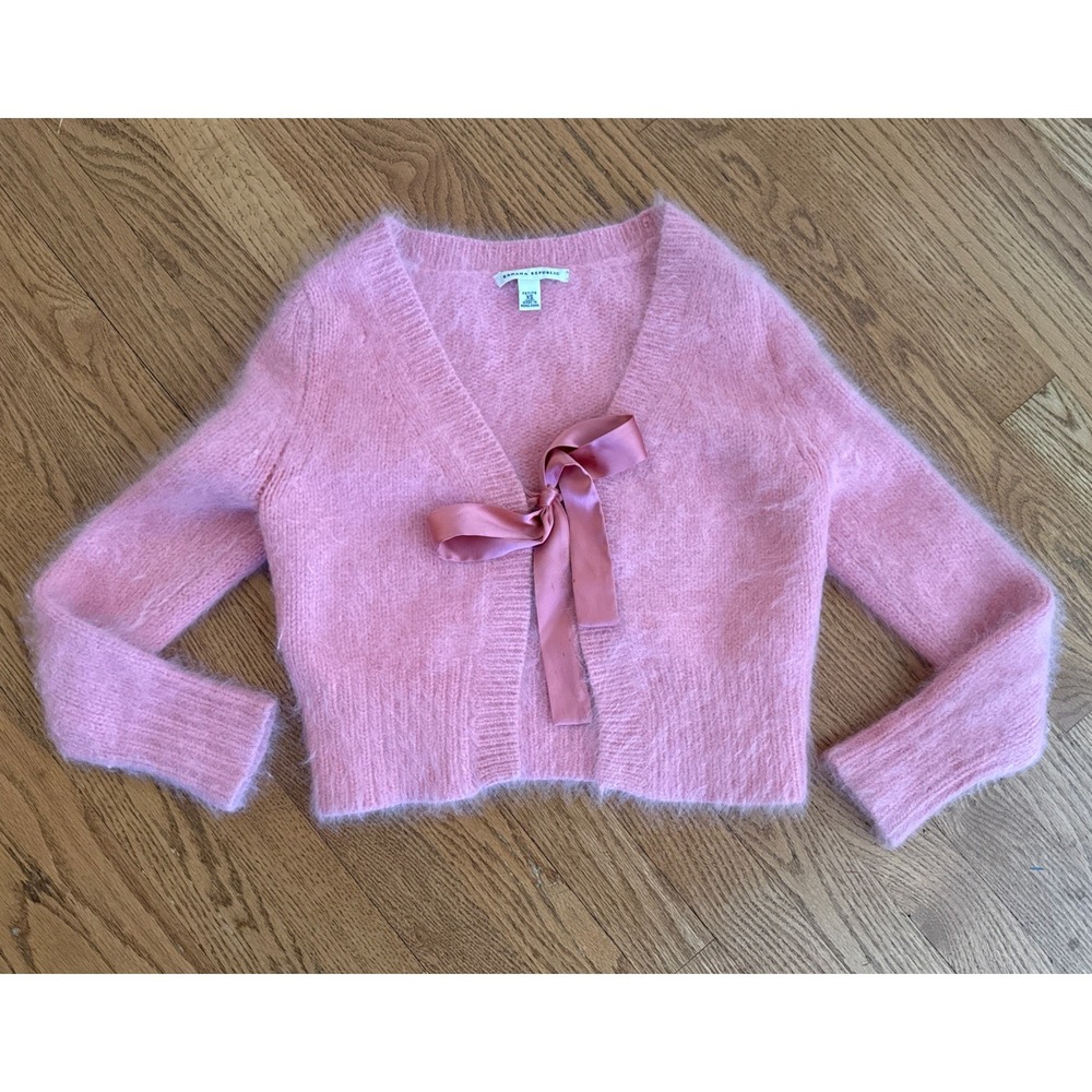 Banana Republic Angora Rabbit Cropped Cardigan Size XS Petite Fuzzy Pink Sweater